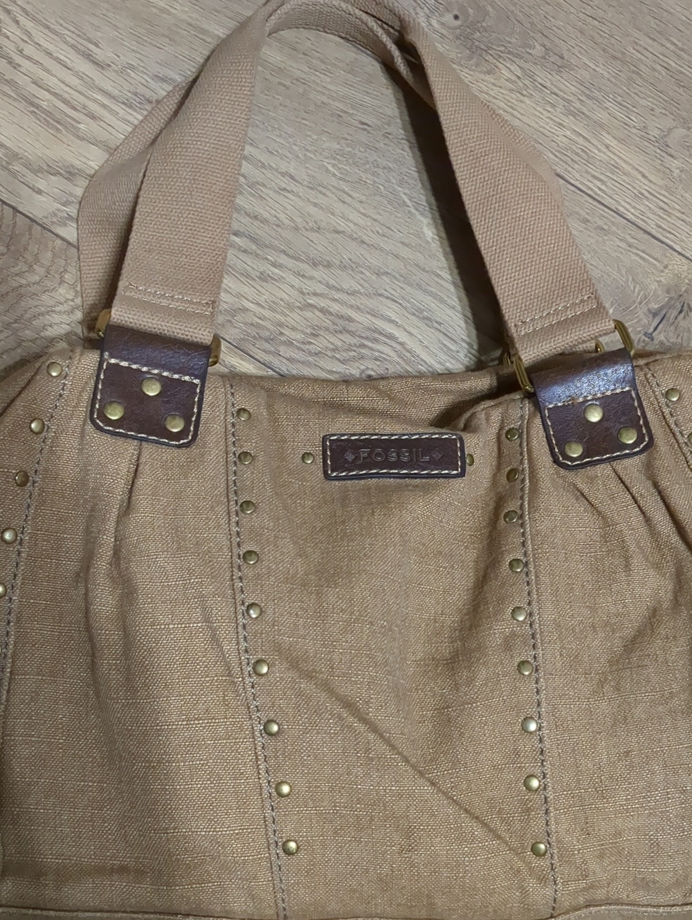 FOSSIL Tan Soft Canvas Brown Leather Gold Studded Tote Shoulder Bag - Picture 2 of 11